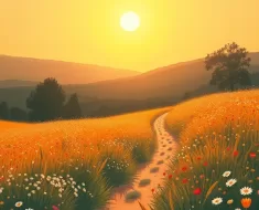 Ilustração de um pôr do sol suave sobre um campo florido com um caminho, simbolizando novas jornadas e esperança no aniversário.