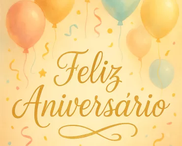 Ilustração vibrante de balões, confetes e luz suave, com 'Feliz Aniversário' em tipografia elegante. Ideal para Pinterest.