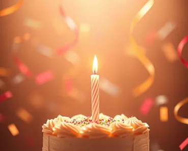 Imagem Pinterest: Uma celebração de aniversário com cores quentes, confetes, um bolo elegante com uma vela, simbolizando alegria e um futuro brilhante.