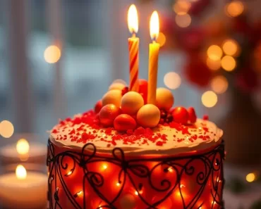 Um ambiente de festa de aniversário com bolo decorado, balões e confetes, transmitindo alegria e inspiração.