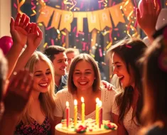 Uma vibrante celebração de aniversário com confetes coloridos, luzes brilhantes e pessoas sorrindo em um ambiente aconchegante e festivo, capturando a alegria e a esperança de um novo ciclo.