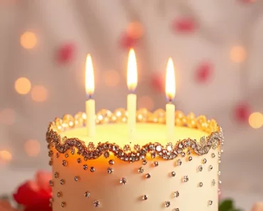 Vela de aniversário em um bolo decorado com brilhos dourados, em um fundo desfocado de celebração com cores quentes, evocando alegria e felicidade.