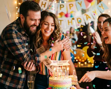 Mesa de festa de aniversário com bolo decorado, velas acesas, balões coloridos e confetes, transmitindo alegria e celebração.