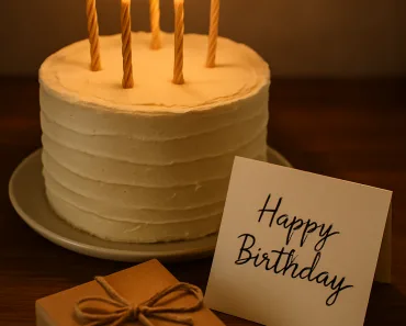 Uma cena de aniversário elegante e aconchegante, com um bolo lindamente decorado com velas, ao lado de um cartão de aniversário manuscrito e um pequeno presente atencioso. Iluminação suave e calorosa, em formato vertical.