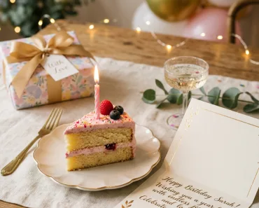 Uma fatia de bolo de aniversário com uma vela acesa em um prato delicado, ao lado de um cartão de aniversário aberto com caligrafia elegante e um pequeno presente embrulhado ao fundo, transmitindo uma atmosfera aconchegante e festiva.