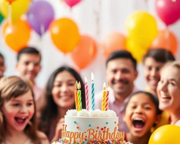 Cena vibrante e alegre de celebração de aniversário com balões coloridos, bolo decorado, confetes e pessoas felizes, em tons quentes e convidativos.