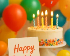 Uma cena de celebração de aniversário vibrante e alegre, com confetes coloridos, balões, um bolo lindamente decorado com velas e um cartão manuscrito em primeiro plano. O fundo está desfocado para realçar os elementos festivos. As cores são quentes, transmitindo felicidade e festividade. É uma imagem vertical no estilo Pinterest.