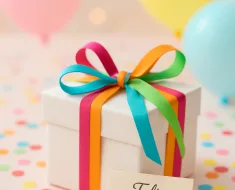 Uma caixa de presente lindamente embrulhada com fita colorida, confetes espalhados e balões em tons pastel, sugerindo uma atmosfera festiva e alegre. Um cartão com 'Feliz Aniversário' está parcialmente visível.