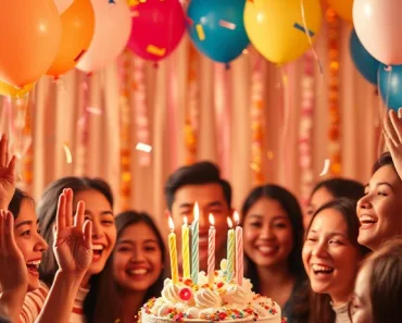 Muitas bexigas coloridas, confetes caindo, um bolo de aniversário com velas e pessoas sorrindo celebrando um aniversário. Imagem vertical em estilo Pinterest com cores quentes e festivas.