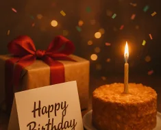 Uma cena acolhedora de aniversário com confetes caindo, um presente lindamente embrulhado, um cartão de aniversário manuscrito aberto e um bolo brilhante com uma vela acesa. A iluminação é suave e festiva, criando uma atmosfera de celebração e carinho.