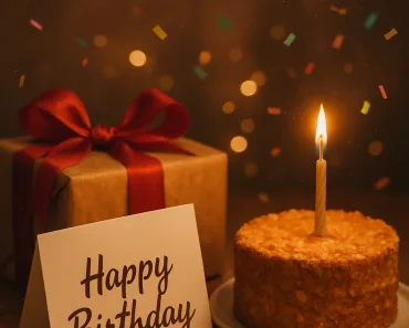 Mensagem de Aniversário: Como Escrever o Desejo Perfeito para Cada Ocasião 1 Uma cena acolhedora de aniversário com confetes caindo, um presente lindamente embrulhado, um cartão de aniversário manuscrito aberto e um bolo brilhante com uma vela acesa. A iluminação é suave e festiva, criando uma atmosfera de celebração e carinho.