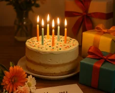 Cena aconchegante de celebração de aniversário, com um bolo lindamente decorado com velas acesas, presentes coloridos, algumas flores e um cartão de aniversário manuscrito em primeiro plano. O ambiente geral é alegre e convidativo.