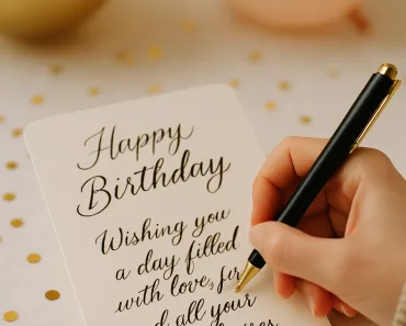 Mãos escrevendo um cartão de aniversário elegante com caligrafia em tons pastel e dourados, com confetes e balões desfocados ao fundo.