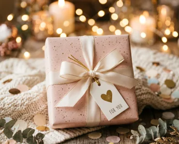 Uma caixa de presente lindamente embrulhada com uma fita delicada, rodeada por luzes bokeh suaves e confetes espalhados. As cores são quentes e convidativas, predominantemente em tons pastel com um toque de dourado. A cena evoca uma sensação de alegria, celebração e presentear com carinho.