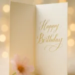 Cartão de aniversário vertical aberto com caligrafia elegante, luzes bokeh suaves e uma flor delicada, transmitindo alegria e afeto. Cores em tons pastéis e dourado.