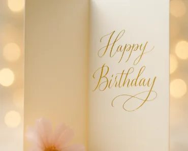 Cartão de aniversário vertical aberto com caligrafia elegante, luzes bokeh suaves e uma flor delicada, transmitindo alegria e afeto. Cores em tons pastéis e dourado.