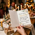 Mão segurando um cartão de aniversário elegante com letras bonitas, cercado por luzes suaves e elementos decorativos, transmitindo um clima acolhedor de celebração.
