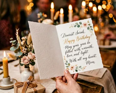 Mão segurando um cartão de aniversário elegante com letras bonitas, cercado por luzes suaves e elementos decorativos, transmitindo um clima acolhedor de celebração.