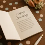 Um cartão de aniversário aberto em uma mesa de madeira elegante, com confetes em tons pastel, um pequeno buquê de flores delicadas e uma caneta estilosa. A imagem evoca calor, reflexão e celebração, com iluminação natural suave, focando no ato de escrever uma mensagem de aniversário sincera.