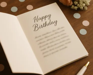 Um cartão de aniversário aberto em uma mesa de madeira elegante, com confetes em tons pastel, um pequeno buquê de flores delicadas e uma caneta estilosa. A imagem evoca calor, reflexão e celebração, com iluminação natural suave, focando no ato de escrever uma mensagem de aniversário sincera.