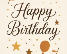 Cartão de aniversário elegantemente desenhado com tipografia fina e decorações festivas sutis, em uma paleta de cores quentes sobre um fundo claro. Estilo Pinterest, vertical.