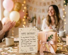 Imagem vertical com balões, confetes, um presente cuidadosamente embrulhado e um cartão manuscrito com uma mensagem de aniversário, em tons pastel e iluminação suave, transmitindo alegria e carinho.