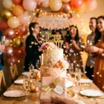 Mão segurando uma pequena caixa de presente elegante com fundo festivo borrado de aniversário, incluindo confetes e balões, em cores vibrantes e alegres. Estilo Pinterest.