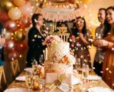 Mão segurando uma pequena caixa de presente elegante com fundo festivo borrado de aniversário, incluindo confetes e balões, em cores vibrantes e alegres. Estilo Pinterest.