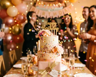 Mão segurando uma pequena caixa de presente elegante com fundo festivo borrado de aniversário, incluindo confetes e balões, em cores vibrantes e alegres. Estilo Pinterest.