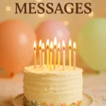 Bolo de aniversário lindamente decorado com velas acesas, balões festivos em tons pastéis e confetes delicados, com um fundo desfocado de luzes quentes e convidativas.