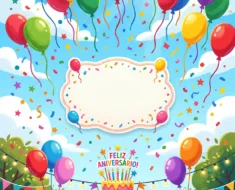 Ilustração vibrante de balões coloridos subindo ao céu com confetes e um bolo de aniversário estilizado, com espaço para texto no centro.